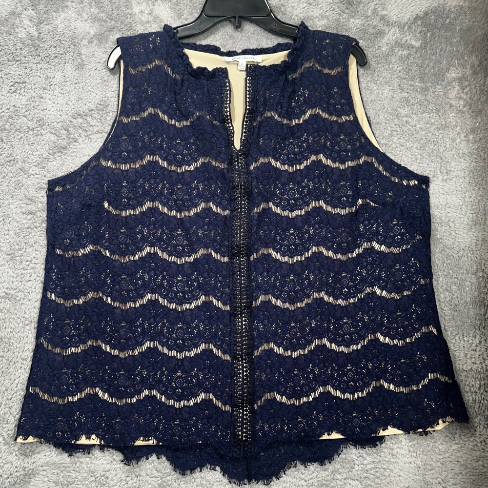 Rose + Olive Lace Top Womens 2X Navy Blue SleevelessScalloped V-Nec Lined Blouse